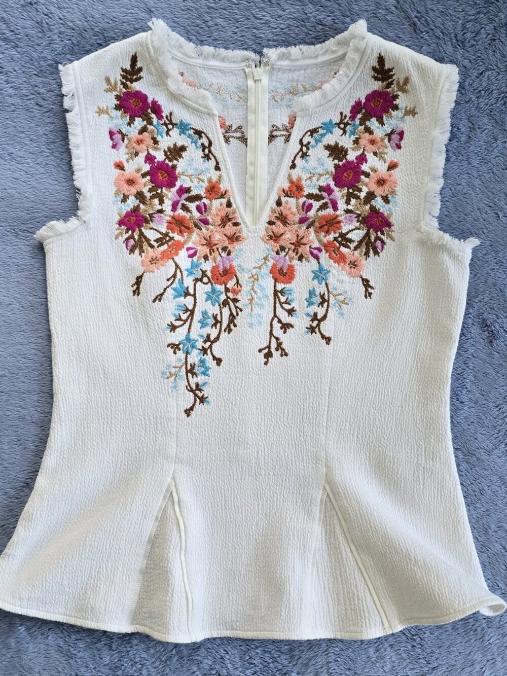 Sundance Embroidered Peplum Top Sleeveless White Floral Boho Fringe Blouse S